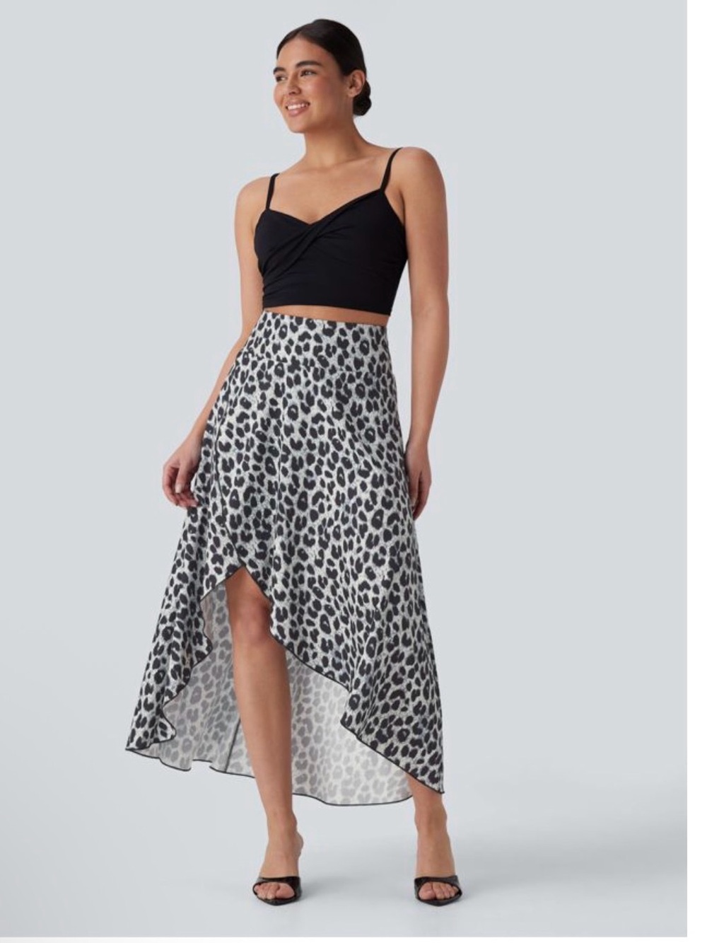 HALARA High Waisted High Low Ruffle Leopard Print Midi Flowy 2 Piece Skirt NEW L